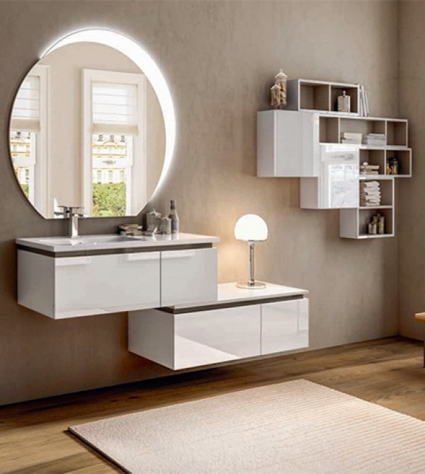 Mobile bagno sospeso Avril bianco lucido, cm 100, con lavabo, specchio e  pensili Arredobagno e Cucine s.r.l.s.