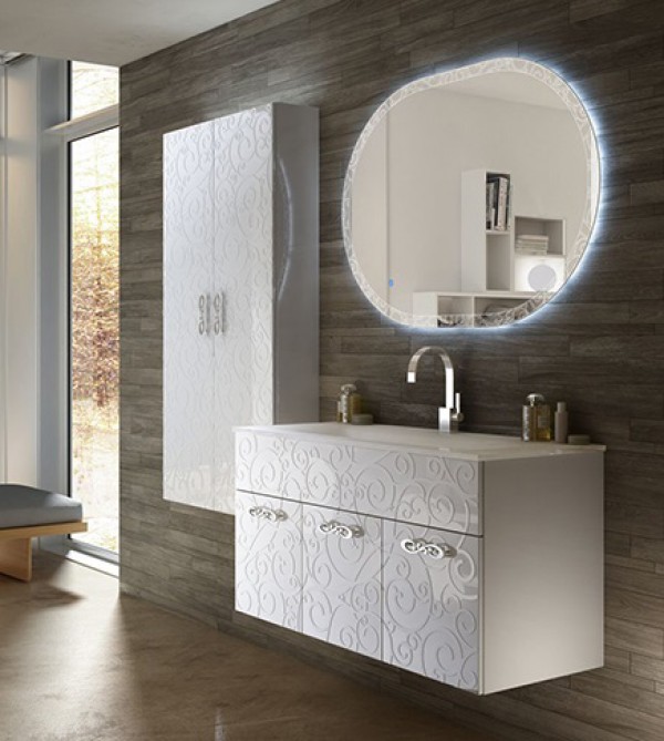 Mobile bagno sospeso moderno Floreale Miami bianco lucido, misura cm 100,  con specchio a led,lavabo e colonna singola Arredobagno e Cucine s.r.l.s.