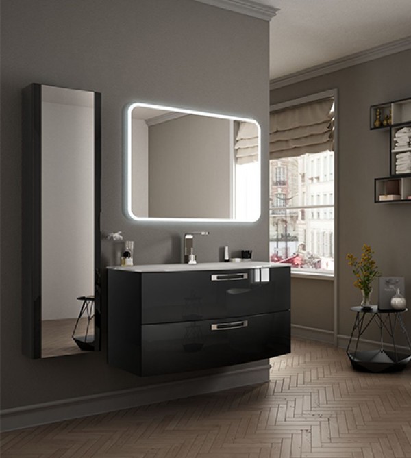Mobile bagno sospeso moderno Comfort nero, misura cm 100, con specchio led,  lavabo e colonna Arredobagno e Cucine s.r.l.s.